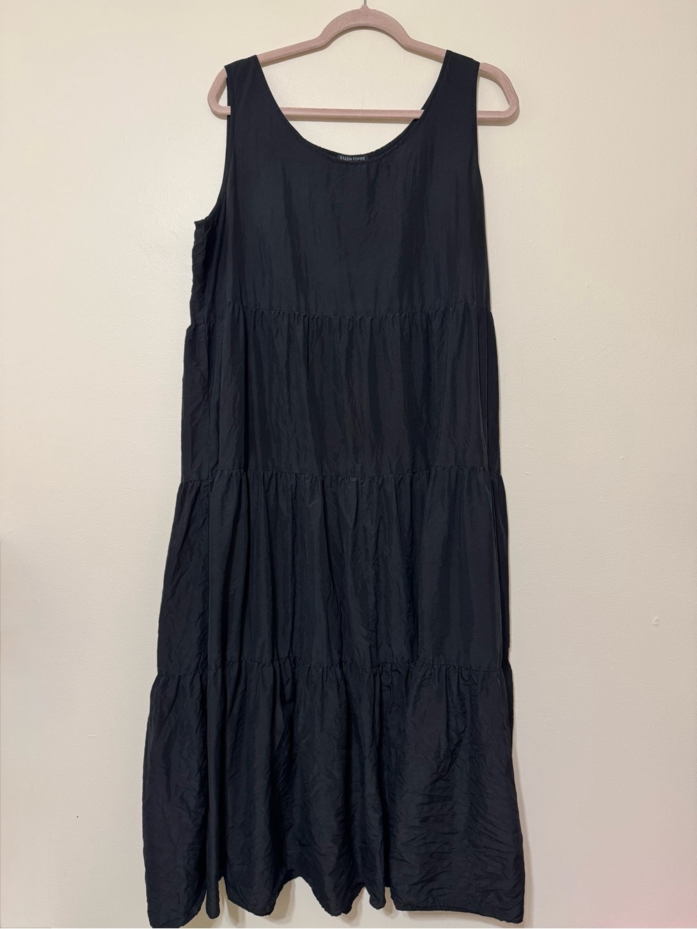 100% Silk Eileen Fisher Black Tiered Sleeveless Maxi Dress